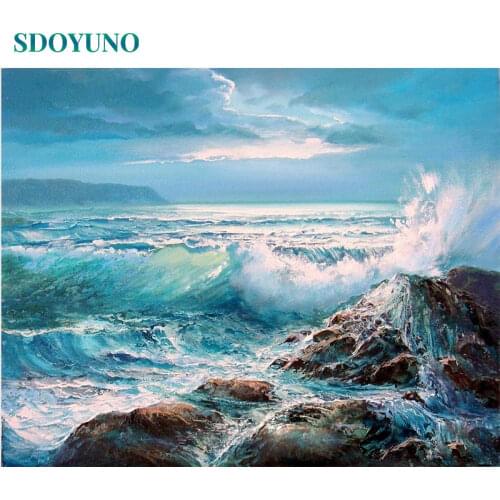 SDOYUNO 40x50cm Digital Painting By Numbers Sea Wave rock Scenery DIY Canvas Painting Unique Gift Home Decor Paint By numbers