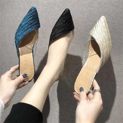Pointed Toe Beige High heel Muller slippers women 2020 summer shoes woman Fashion Satin Shallow Rubber sole female shoes
