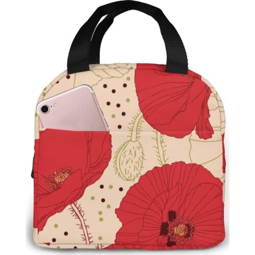 Poppy Pattern Lunch Bag Portable Insulated Thermal Cooler Bento Lunch Box Tote Picnic Storage Bag Pouch