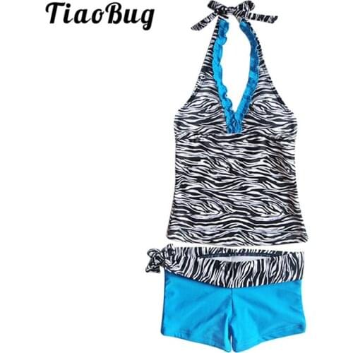 TiaoBug Kids Teens Two-piece Zebra Printed Swimwear Two-piece Swimsuit Girls Beachwear Halter Top Shorts Bikini Set Bathing Suit
