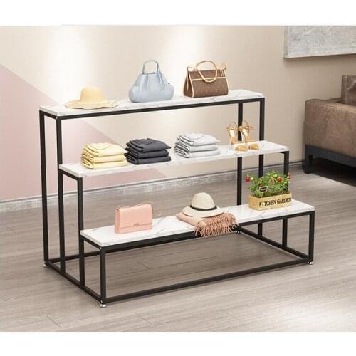 Shopping mall high, middle and low three shelves shoes shop bag marble running water clothing shop light luxury iron display rac
