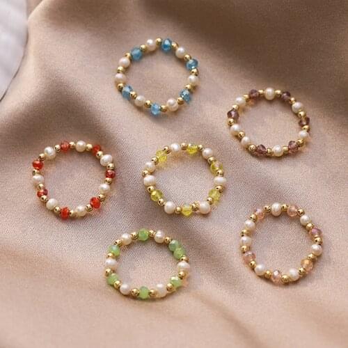 Retro Colorful Crystal Beaded Finger Rings Simple Small Baroque Pearls Natural Freshwater Pearl Rings Wedding Party Female Girls