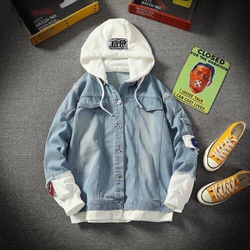 Spring Men Jeans Slim Fit MENS Jacket Jeans Harajuku Coat Ins Street Retro Hip-Hop Handsome Hooded Fake Two-Piece Denim Jacket