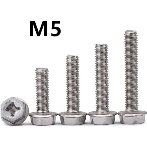 50PCS M5x8/10/12/16/20/25/30mm 304 Stainless Steel Screws Hexagon Phillips Flange Head Hex Bolts