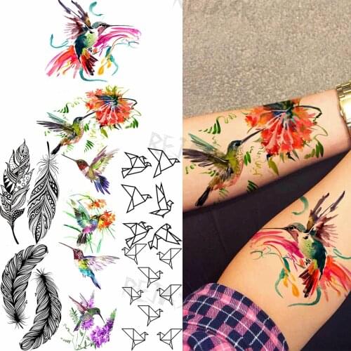 Hummingbird Flower Arm Temporary Tattoos For Women Adult Feather Paper Crane Flower Fake Tattoo Realistic Animal Washable Tatoos