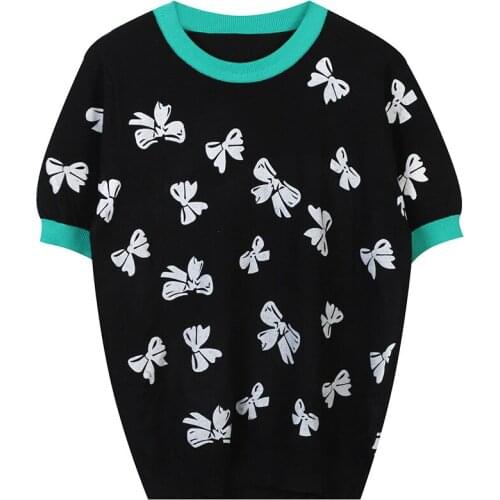 Ladies Fashion Bowknot Printed Cute Fairy T-Shirt O-Neck Pullover Short Sleeve Loose T-Shirt Top Casual Womens Summer 2021 New