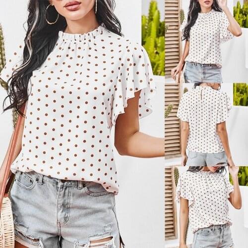 Womens Casual Polka Dot Lotus Leaf Stand Collar Flying Sleeve Top White