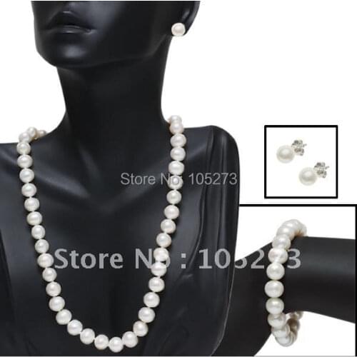 Charming Pearl Jewelry Set AA7-9MM White Genuine Freshwater Pearl Necklace Bracelet Earring Fashion Girl Women Set Free Shipping