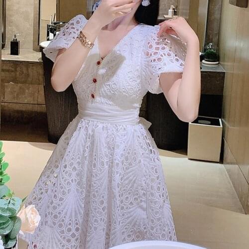 Elegant Boho A-line Short Puff Sleeve Sexy Dresses Women Runway Mini Dress 2021 Vintage Summer Party Solid White Lace Embroidery