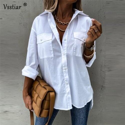White Black Casual Women Blouse 2021 Summer Long Sleeve Pockets Office Ladies Tops Irregular Plus Size Solid Shirts