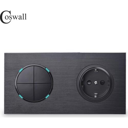 Coswall Black Aluminum Frame EU Standard Wall Socket + 4 Gang 2 Way On / Off Pass Through Light Switch Switched LED Indicator