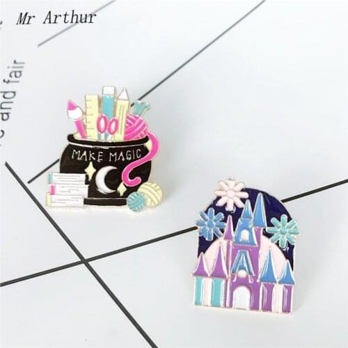 MAKE MAGIC Stationery Snowflake Castle Enamel Pin Pencil Ruler Brooch Backpack Clothes Lapel Fashion Jewelry Gift for Friends