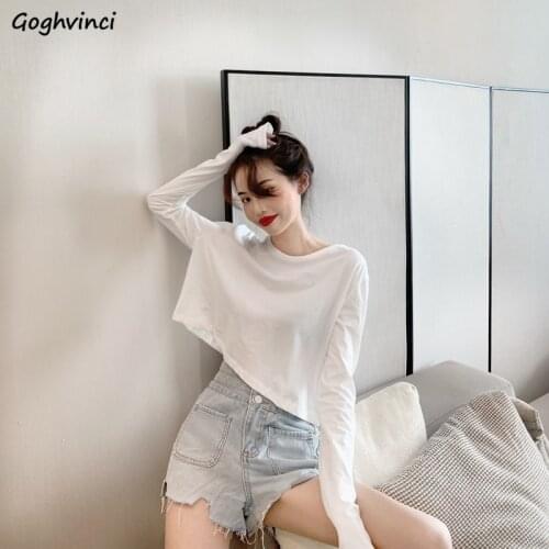 Long Sleeve T-shirts Women Spring Solid Loose Crop Top Sexy New Trendy Leisure Girls T-shirt Korean Stylish Teens All-match Chic