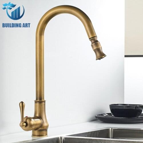 Brass Antiquebrass Kitchen Faucet Pull Out Kitchen Tap Single Handle Faucet 360° Rotatble Kitchen Tap Hot Cold Mixer Crane