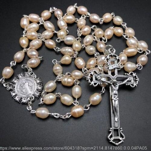 Cute rhinestone benedict rosary center connected religious freshwater pearl rosary with hollow jesus cross pendant