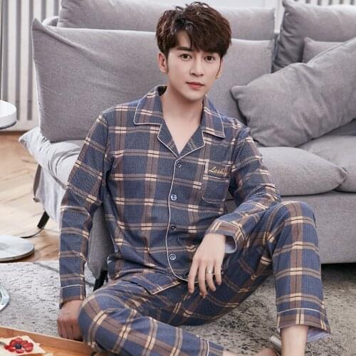 Plaid Sleepwear Men Turn-down Collar Button Down Lounge 2pcs Adult Long Pajamas Set Comfortable Plus Size Homewear for Men L-3XL