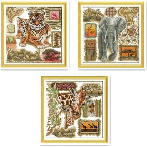 Animal Pattern Cross Stitch Kit African Tiger Elephant Giraffe Handmade DIY Calico Sewing Wall Decoration Embroidery