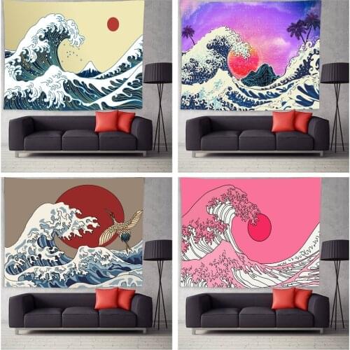 Retro Great Japanese Wave Wall Hanging Tapestry Bedroom Background Cloth Ocean Wave Red Sun Tapestries Wall Decor Living Room
