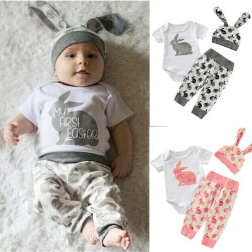 2020 NEW 3PCS Toddler Newborn Baby Girl Boy Clothing set Short Sleeve Outfits Set Lovely Bunny Tops Pants Hat Summer
