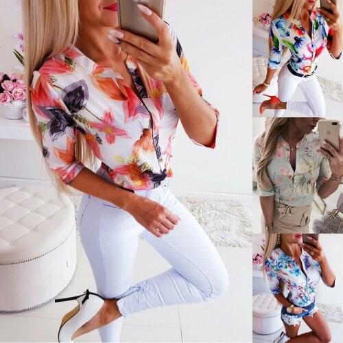 New Hot Sale Women Summer Long 3/4 Sleeve Loose Tops T Shirt OL Ladies Plain Casual Button Fashion Floral T-Shirts Top Plus Size
