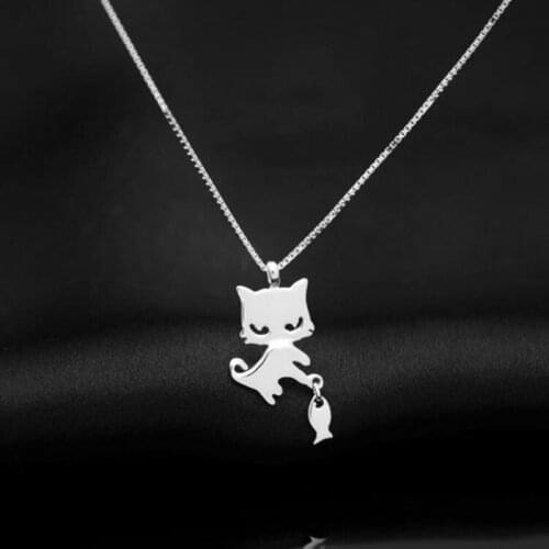 925 Sterling Silver Cute Cat Charm Pendant Choker Necklace Fine Jewelry For Women dz500