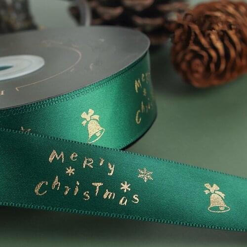 9/25/38mm 50yards Christmas Ribbon Gold Stamp The Bell for Bow Pin Hair Accessory Flower Gift Box Wrapping Crafts Packing DIY