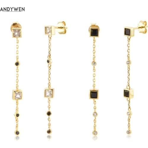 ANDYWEN 925 Sterling Silver Gold Long Chain Black Zircon CZ Clear Chain Drop Earring Women Wedding Jewelry Gift Pendientes