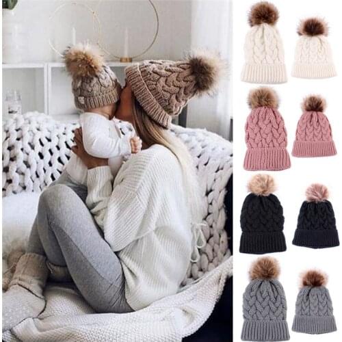 Cute Kids Girls Hats Mother Daughter Warm Knitted Hat Family Matching Children Hats And Caps Winter Newborn Baby Hat Beanie Caps
