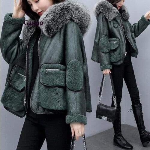 Faux Fur Coat Green Winter Jackets High Quality Faux Lamb Wool Coat Long Sleeve Hooded Zipper Short Fur Coat Women Outwear