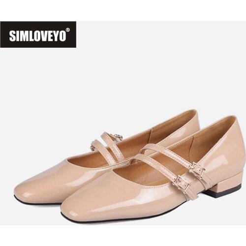 SIMLOVEYO 2021 New Concise Ladies Flats Mary Janes Square Toe Instep Belt Buckle 1.5CM Chunky Heel Size 33-46 Apricot Red A4382