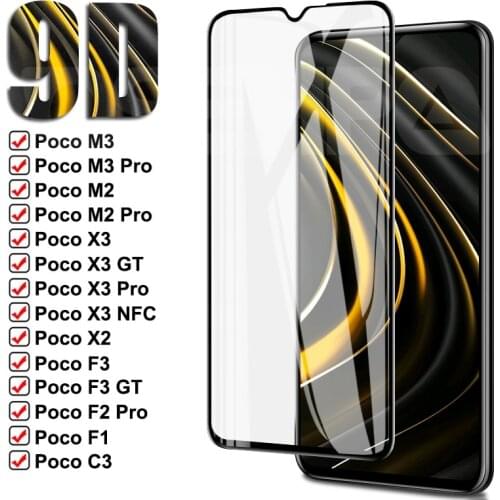 9D Protective Glass For Xiaomi Poco X3 NFC M3 Pro Tempered Screen Protector Poco F3 X3 GT X2 M2 C3 F3 F1 F2 Pro Glass Film Case