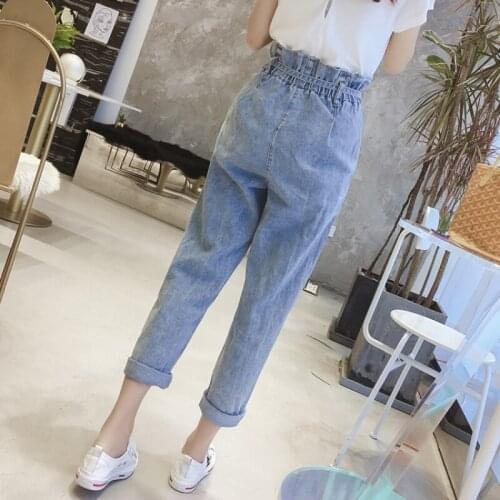 New High Waist Lace Up Ankle Length Jeans Woman Preppy Style Elastic Waist Boyfriend Harem Jeans Street Wide Leg Denim Pant