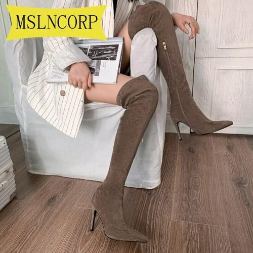 Plus Size 34-46 Sexy Over Knee Thigh High Boots Women Autumn Winter Long Boots Shoes Women Kid Suede Boots Thin High-heeled Boot
