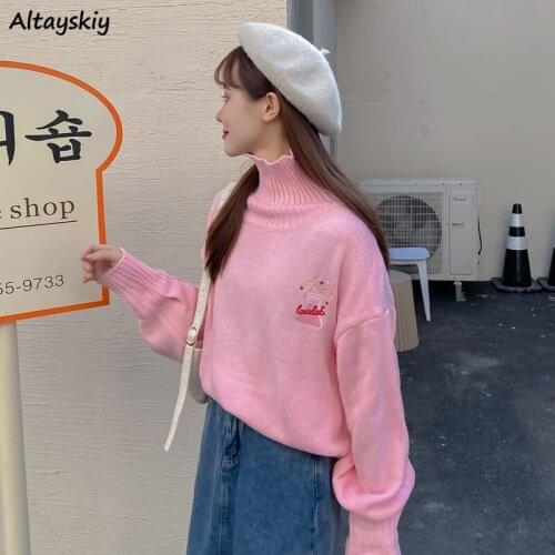 Pink Sweaters Women Embroidery Spring Autumn Japanese Style Kawaii Loose College Harajuku Female Pullovers Popular Leisure Soft