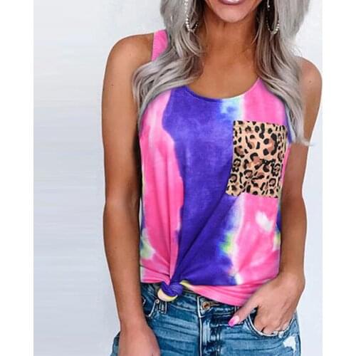 Womens Top Summer Leopard Print Color Matching Pocket Sleeveless Tank Tops Casual O-Neck Vest Camis T Shirts Femmes Plus Size