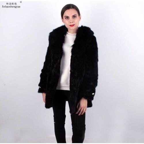 Linhaoshengyue Real Mink Fur Women Coat Adjustable Waistline Fox Fur Collar
