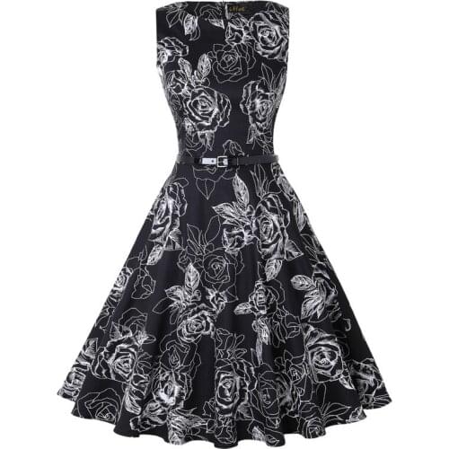 JIEZuoFang 3XL plus size dresses black Summer Women vintage 1950s 60s flower print sleeveless elegant knee-length Party Dress