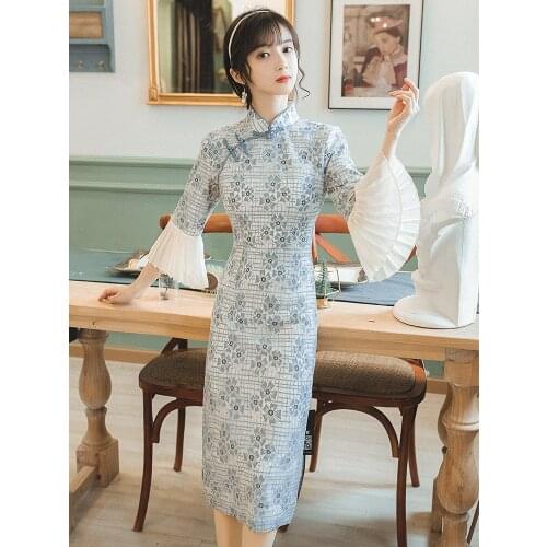 2021Summer New Flare Sleeve Vintage Elegant Evening Cheongsam Women Modern Fashion Girl Improved Qipao Dress