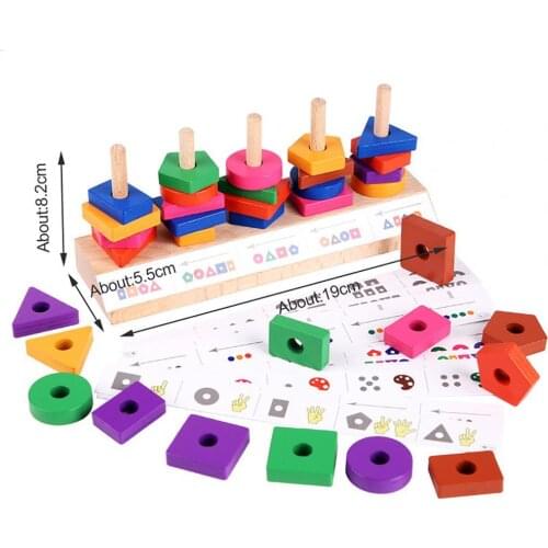 1 Set Toy Five Columns Color Recognition Wooden Geometric Shape Stacker Toy for Toddlers