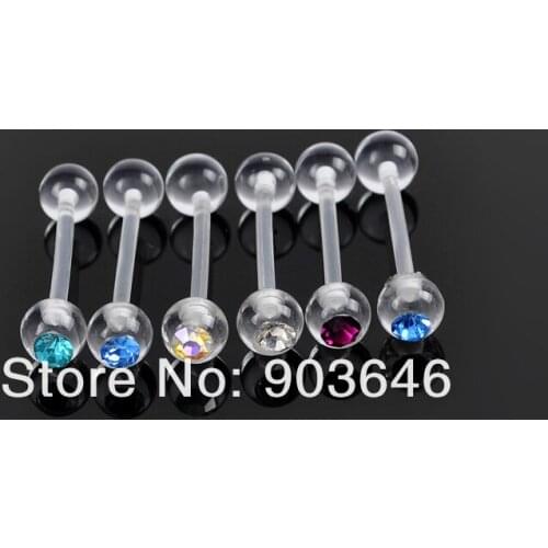 Free shippment LOT100pcs Body Piercing Body Jewelry - UV crystal Gems Flexible Tongue Ring Bar barbells