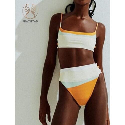 Peachtan High waist bikini 2021 Bandeau swimsuit womens swimming suit Sports swimwear women Button bathing suit String biquini