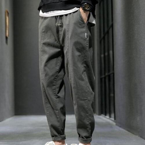 Autumn Solid Color Cargo Pants Fashion Mid Rise Drawstring Men Pocket Full Length Loose Trousers Casual Long Pants