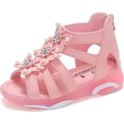 2021 New Summer Girls Sandals Kids Gladiator Roman Sandals Big Children Wedding Shoes Butterfly With Pearls Crystal Soft 26-36