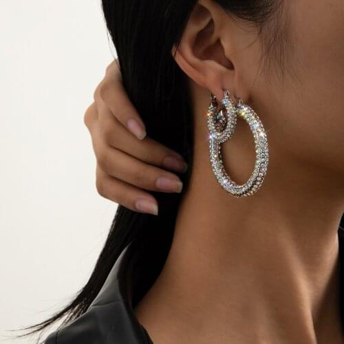 European and American personality fashion jewelry with wild inlaid rhinestone circle earrings wild C-shaped earrings for women