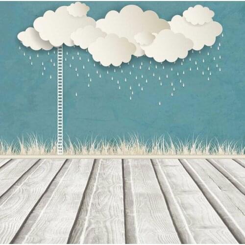 Light Blue Wall Cute White Cloud Backdrops for Photography Grey Wood Floor Newborn Baby Photo Booth Props Custom Photo Studio