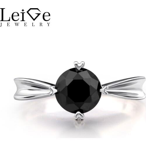 Leige Jewelry Solitaire Rings Black Spinel Engagement Rings for Women Sterling Silver 925 Black Gemstone Round Cut Fine Jewelry