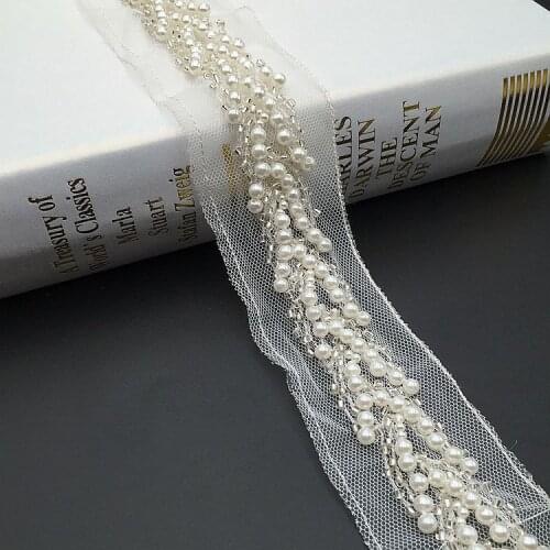 2Yards Handmade Retro Luxury Pearl Beaded Lace Trim Embroidered Fake Collar Applique Mesh Lace Ribbon Belt Garment Accessories