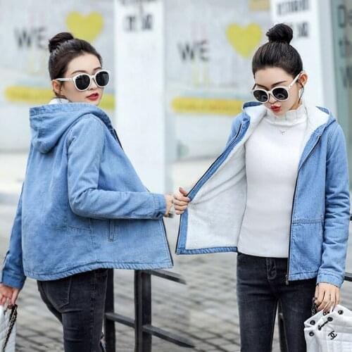 Spring Autumn Winter Hooded Women basic jeans coat female bomber jacket Warm Long Sleeves Outerwear Slim Women Fur Denim jacket