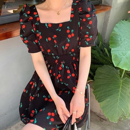SLPBELY Summer Vintage Party Dress Cherry Printed Black Puff Sleeve Ruffle Dress Female Square Collar A-Line Dress Vestido New