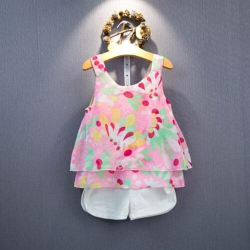 2019 summer children sets clothing Girls new fashion floral print chiffon vest + white cotton shorts sets 3-8 years